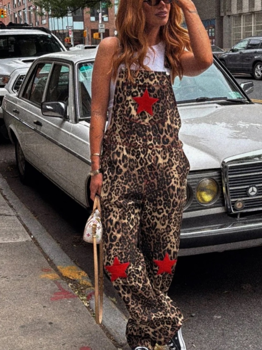 Dressed in LALA Leopard-Print Overalls with Red Star Accents